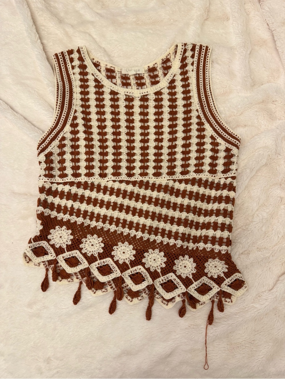 Crochet Sleeveless Tank Top in Brown & Cream